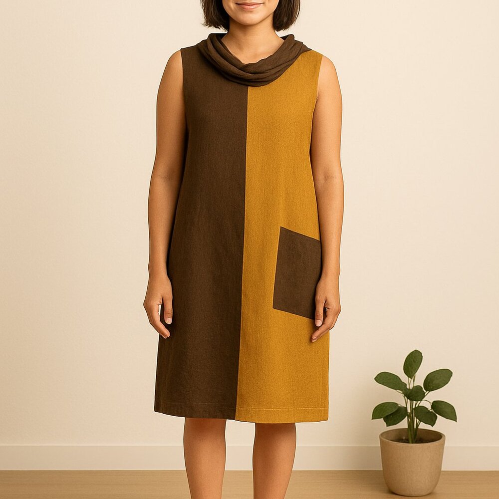 Chalet brown and pumpkin color block sweater dress with large front pocket, M